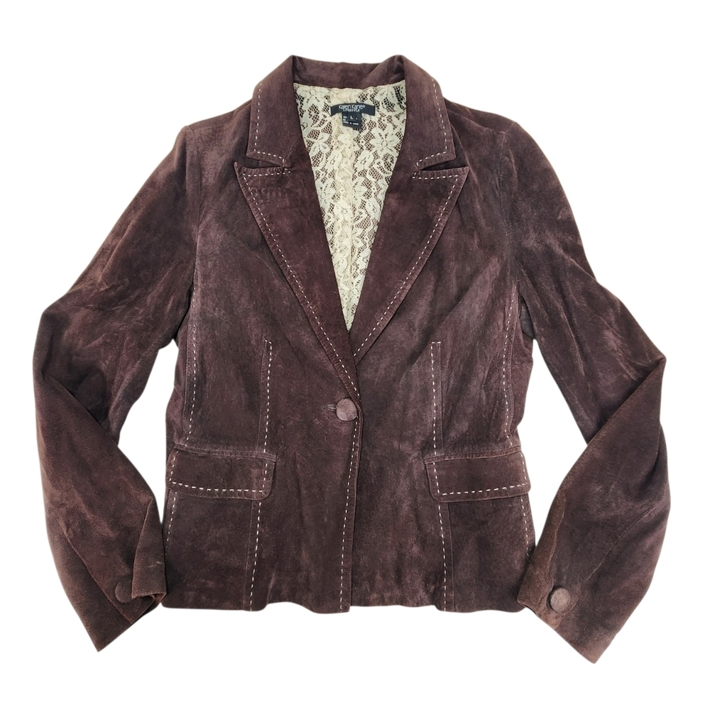 KAREN KANE Women's Large Brown Suede Leather Lace Blazer Jacket Vintage Cowgirl